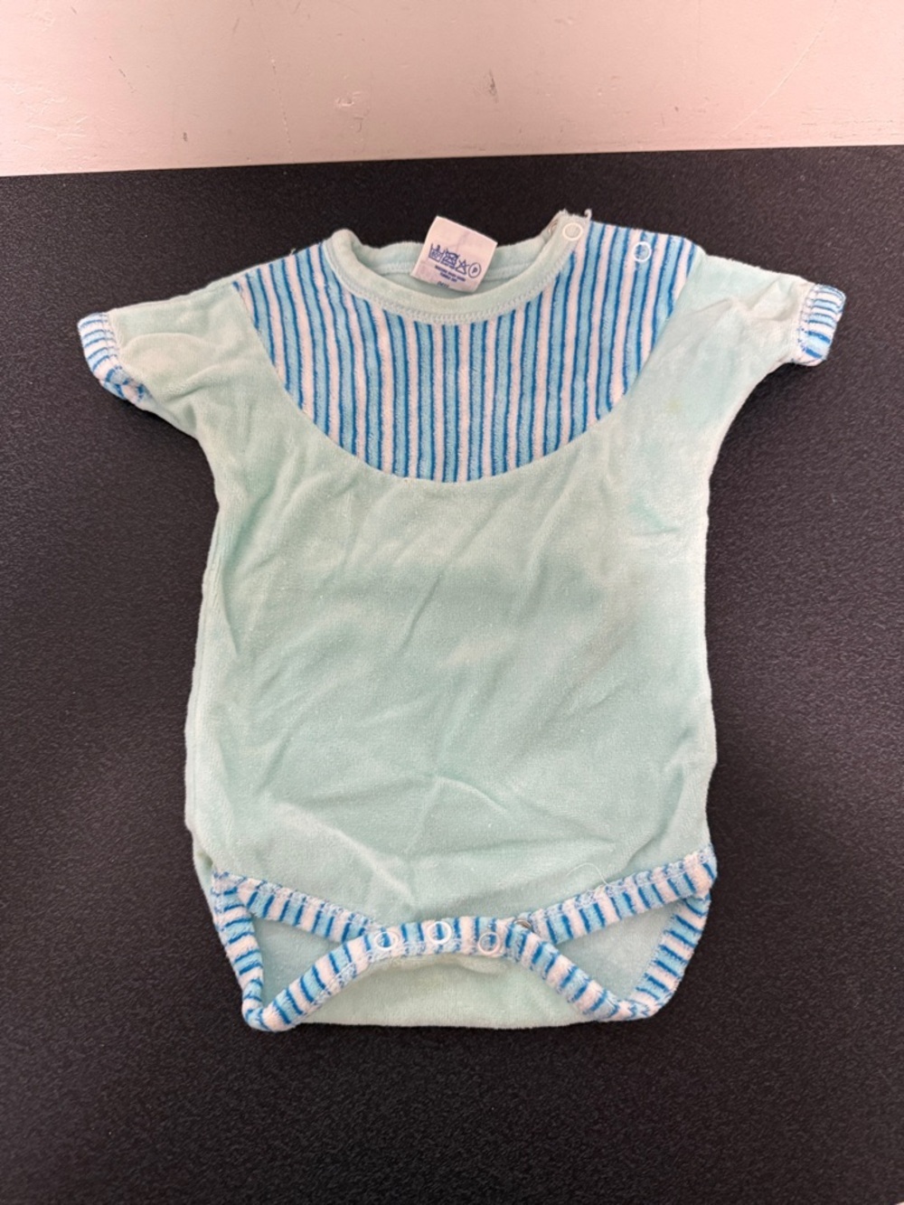 Mint Green Baby One-Piece Bodysuit with Blue Stripe Trim 80’s